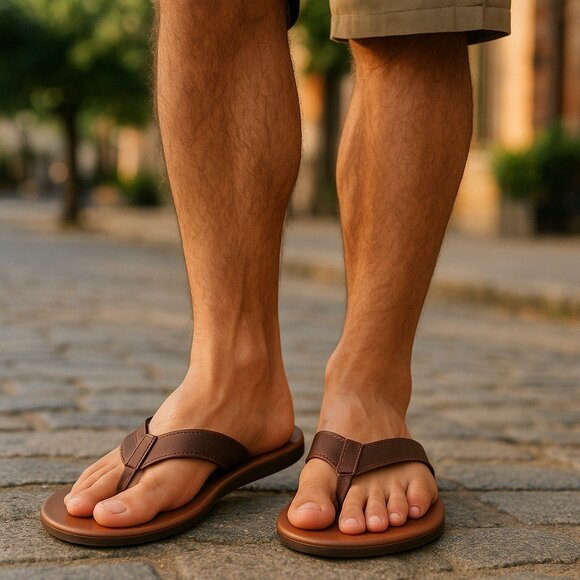 UGG Brown Leather Flip Flops Mens Size 12 Thongs Sandals Well Loved Worn UGGS